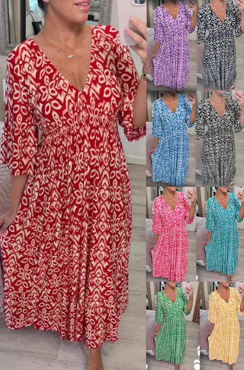 🌺2025 Summer Sale UP TO 50% OFF👗Bohemian casual print V-neck waist wrap long dress