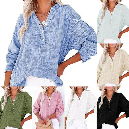 🔥Last Day Sale 50% OFF💖Women’s Casual Gauze Button Neck Long Sleeve Blouse👚