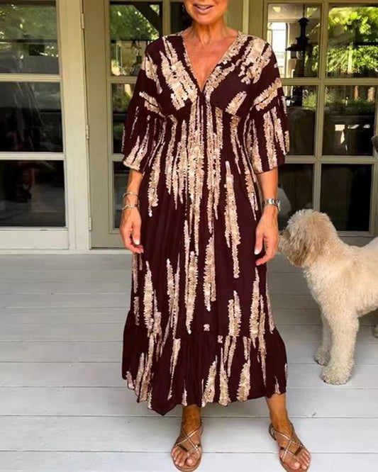 🔥Last Day Sale 50% Off👗Casual Print V-Neck Waist Wrap Long Dress