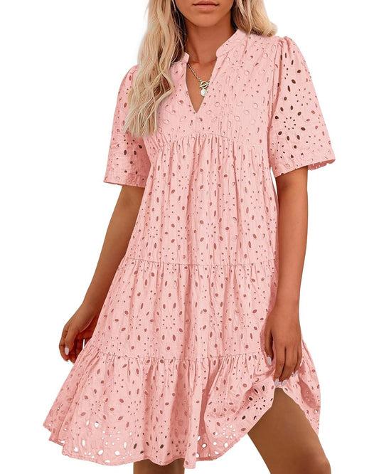 ⏰2025 Hot Sale 50% OFF💃Women's Elegant Hollow Out Lace Ruffle Casual Mini Dress