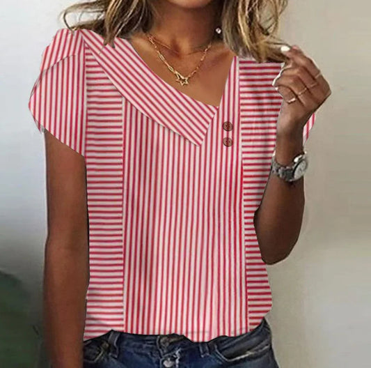 💕Hot Sale 50% OFF👚V-Neck Button Up Short Sleeve Blouse