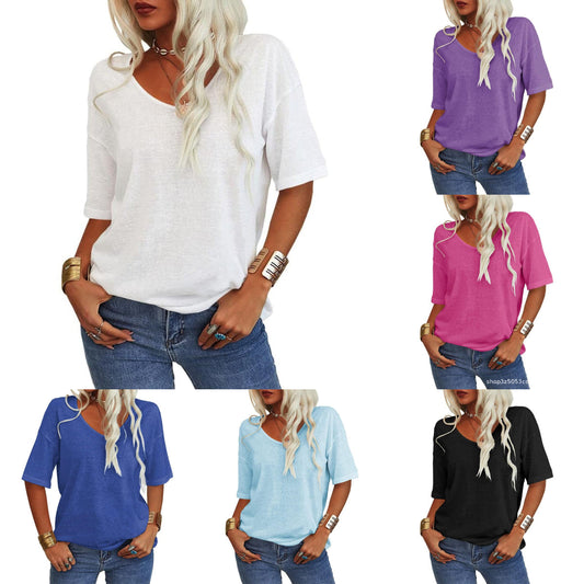💖2025 Summer Hot Sale 50% OFF👚Women's Solid Color V-Neck T-shirt