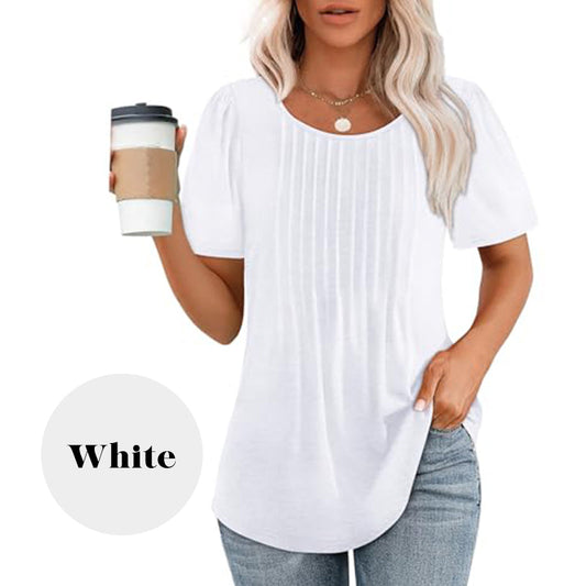 🔥Last Day Sale 50% OFF👚Women's Short Sleeve Pleated Dressy Casual Scooped Neck Tops