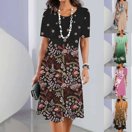 🌸Hot Sale 50% OFF👗Women's Elegant Floral Print Round Neck Dress