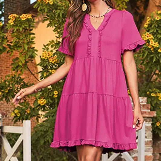 🔥2025 Summer New Sale 60%Off!!🌈Women's Ruffle Trim V-Neck Tiered Dress