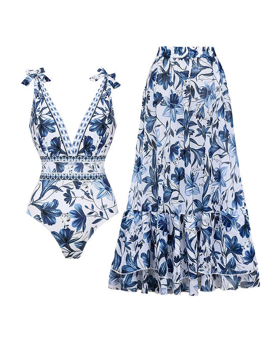 💜LAST DAY PROMOTION 50% OFF🩱V Neck Lace Up Printed One Piece Swimsuit and Skirt
