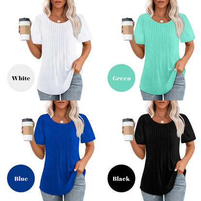 🔥Last Day Sale 50% OFF👚Women's Short Sleeve Pleated Dressy Casual Scooped Neck Tops