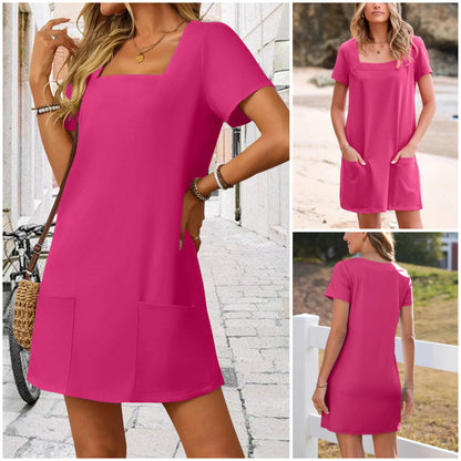 ⏰Limited time sale 50% OFF👗Women's Casual Square Neck Pocket Short Sleeve Dress with Pockets💃
