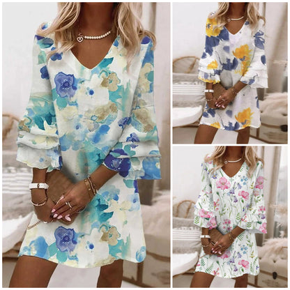 💕Hot Sale 50% OFF👗Romantic Floral Print V-Neck Mini Dress