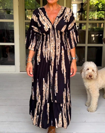 🔥Last Day Sale 50% Off👗Casual Print V-Neck Waist Wrap Long Dress