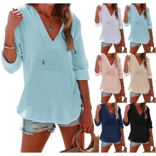 🔥HOT SALE 61% OFF!!👚Women's Oversized Hooded Beach Cover Up - Long Sleeve V-Neck Pocket Shirt