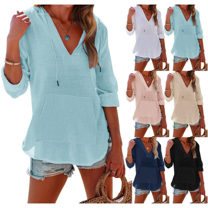 🔥HOT SALE 61% OFF!!👚Women's Oversized Hooded Beach Cover Up - Long Sleeve V-Neck Pocket Shirt