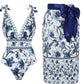 💜LAST DAY PROMOTION 50% OFF🩱V Neck Lace Up Printed One Piece Swimsuit and Skirt