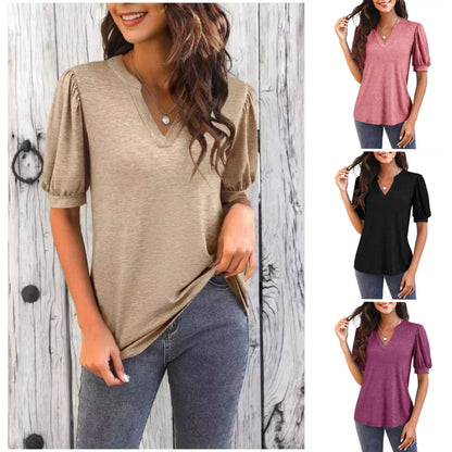 💥Last Day Special Sale 50% OFF👚Women's V-Neck Casual Puff Short Sleeve Top Elegant T-Shirt