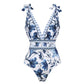 💜LAST DAY PROMOTION 50% OFF🩱V Neck Lace Up Printed One Piece Swimsuit and Skirt