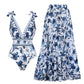 💜LAST DAY PROMOTION 50% OFF🩱V Neck Lace Up Printed One Piece Swimsuit and Skirt